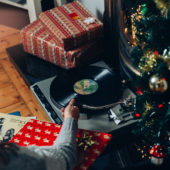 record player by Christmas tree