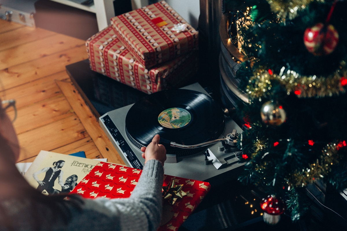 record player by Christmas tree