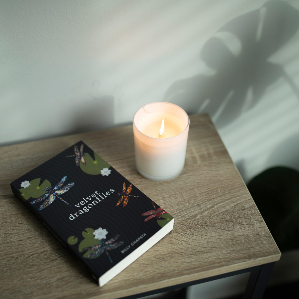 Velvet Dragonflies book sitting on table with candle