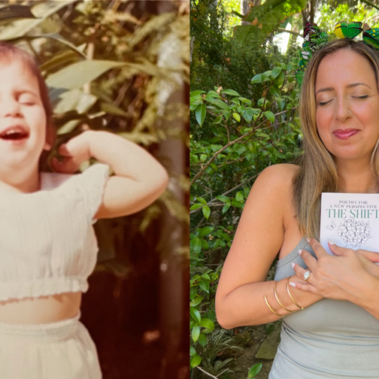 A photo of Melody as a child to the left and her current self to the right, holding her book, The Shift.