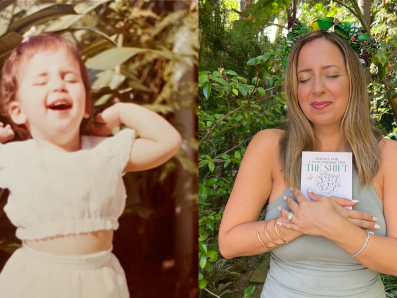 A photo of Melody as a child to the left and her current self to the right, holding her book, The Shift.